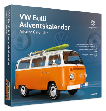 FRANZIS 67223 - VW Bulli Adventskalender inkl. Metall-Modellauto im Maßstab 1:43, Soundmodul mit original VW Bulli T2 Klang und großformatigem Begleitbuch. Ab 14 Jahren.