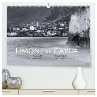 Limone sul Garda schwarzweiß (hochwertiger Premium Wandkalender 2025 DIN A2 quer), Kunstdruck in Hochglanz