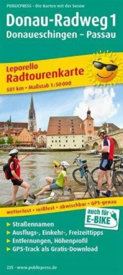 Danube cycle path 1, Donaueschingen - Passau, cycle tour map 1:50,000